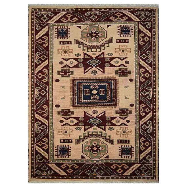 Burgundy/red ft Traditional Afghan Design Handmade Kazak Rug 3' 3 x 4' 9 Wool 