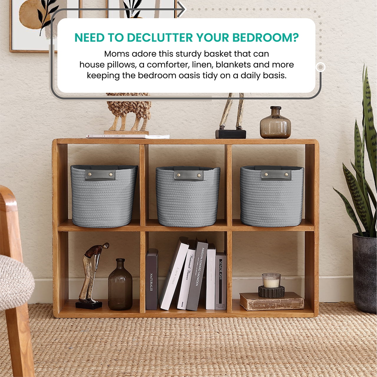 3 Pack Woven Cotton Rope Shelf Storage Basket with Leather Handles, Baby Nursery Storage Bin Organizers, Closet Shelf Storage - 15 x 10 x 9