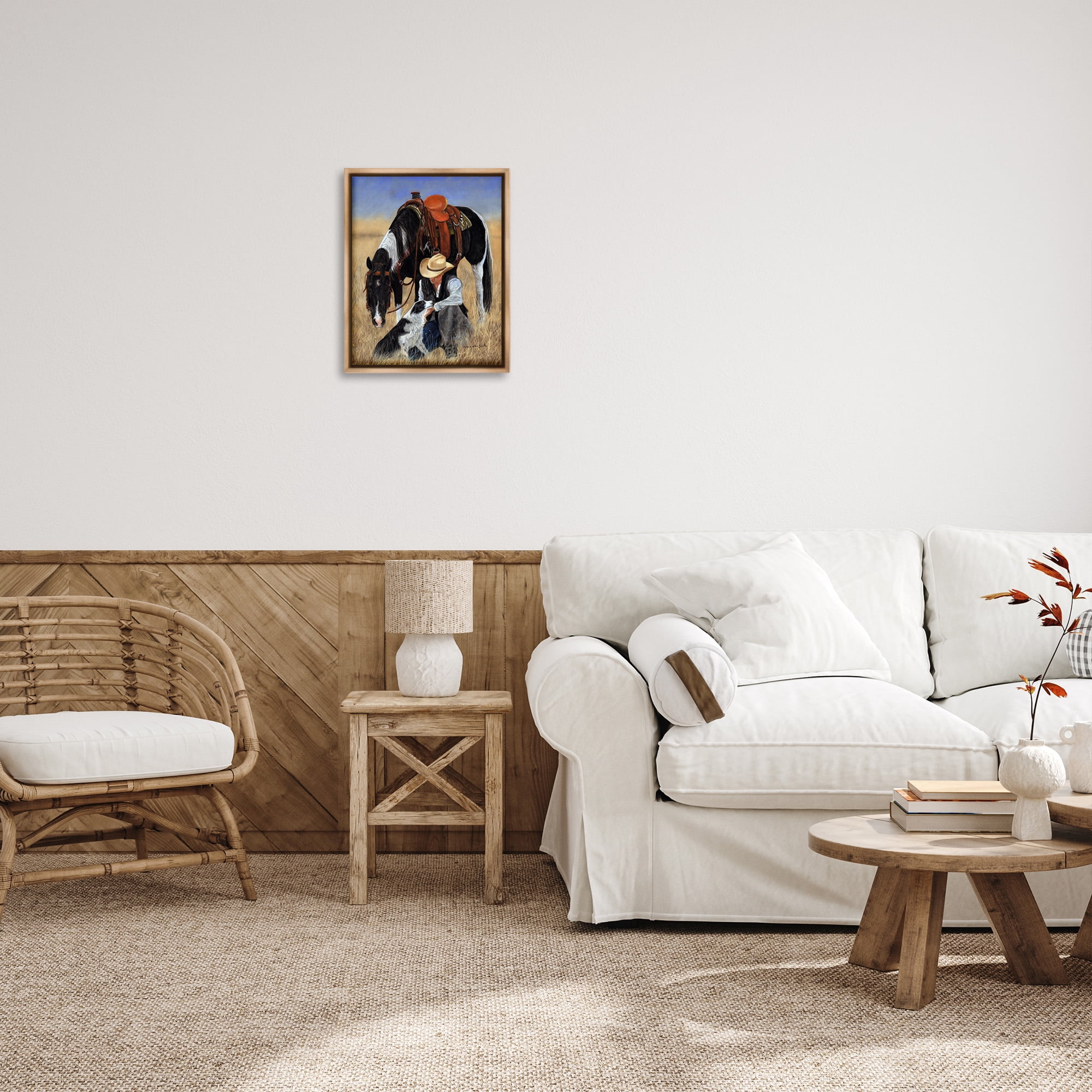 Stupell Industries Cowboy with Dog & Horse Animals & Insects Painting Brown Floater Framed Canvas Art Print Wall Art, 17 x 21