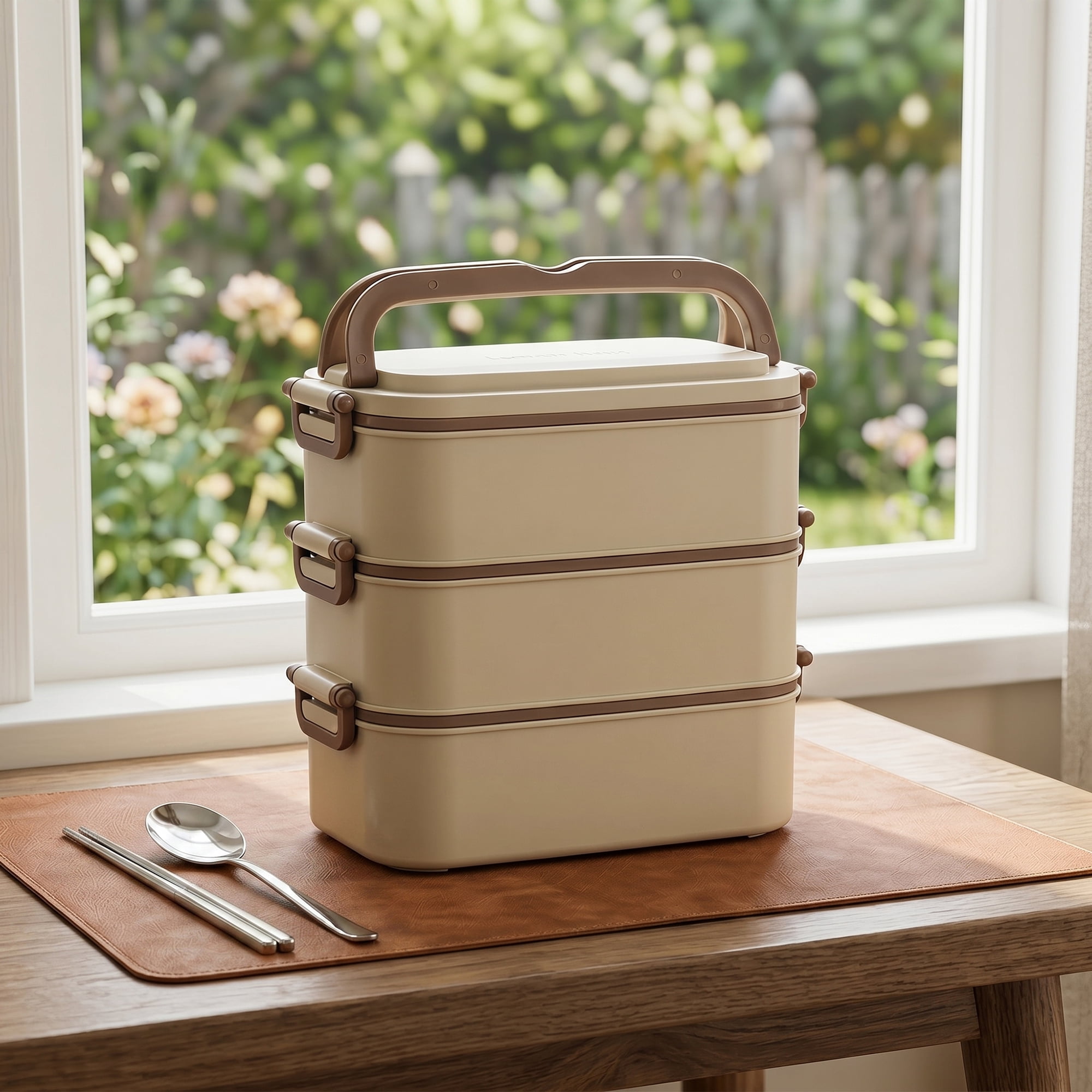 Unique Bargains 316 Stainless Steel Leak-Proof Meal Prep Bento Box Beige-3 Layer