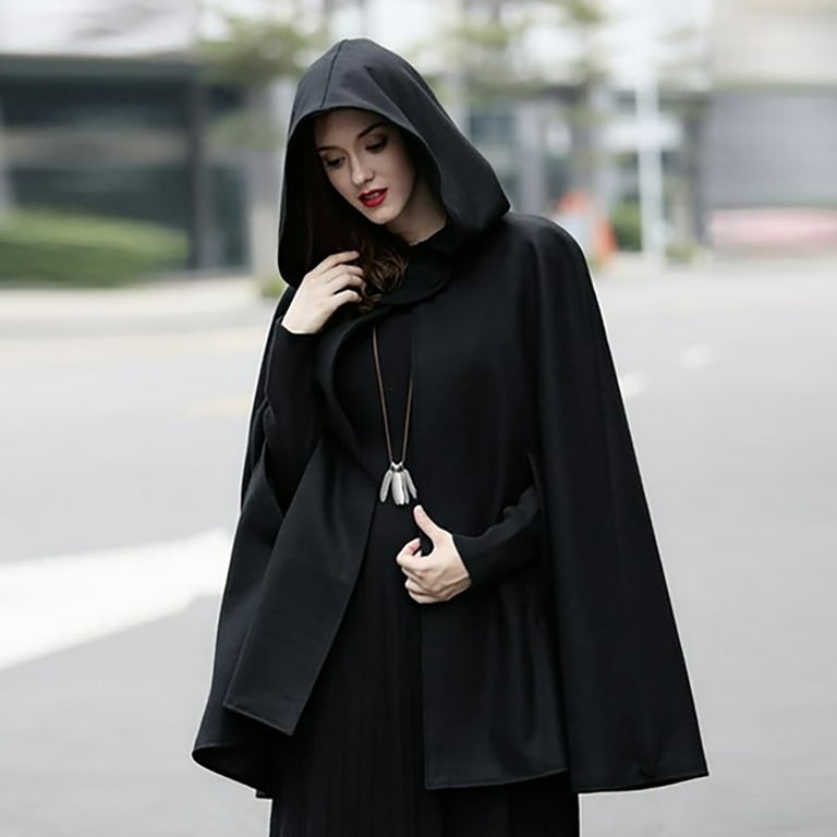 Cloak for Women with Hood Batwing Sleeve Shawl Wool Blend Hooded Cape  Poncho Mid-Length Cloak Coat Jacket
