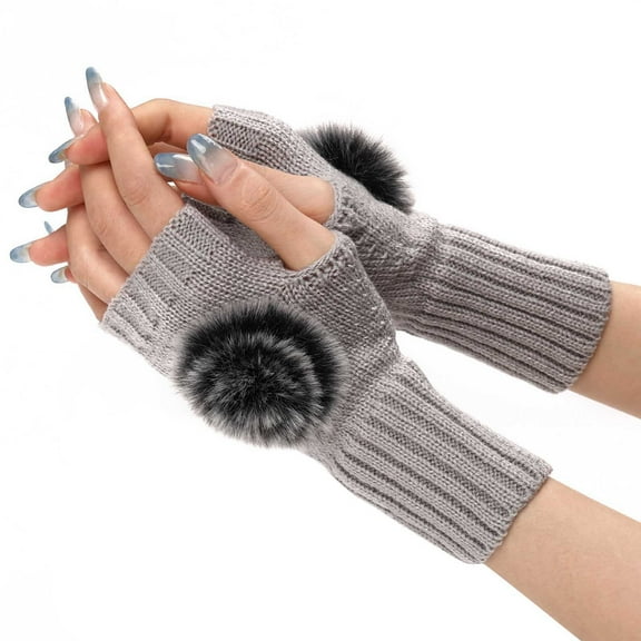 Sinpiling Womens Knitted Winter Fingerless Gloves Y2K Pom-Pom Thumbhole Arm Sleeves Ladies Casual Solid Stretchy Thermal Warm Mittens