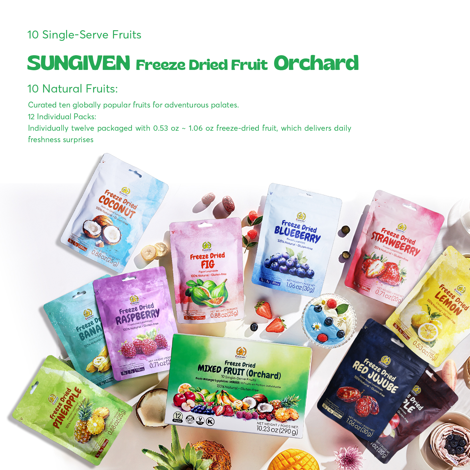 Sungiven Freeze-Dried Fruit Variety Pack, No Sugar Added, Gluten-Free, 12 Bag, 10.2 Oz