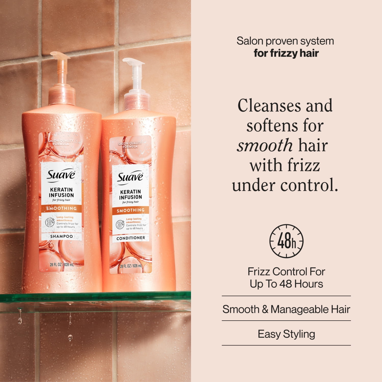 Suave Keratin Infusion Smoothing Shampoo & Conditioner Set For Frizzy Hair, 28 FL OZ Each