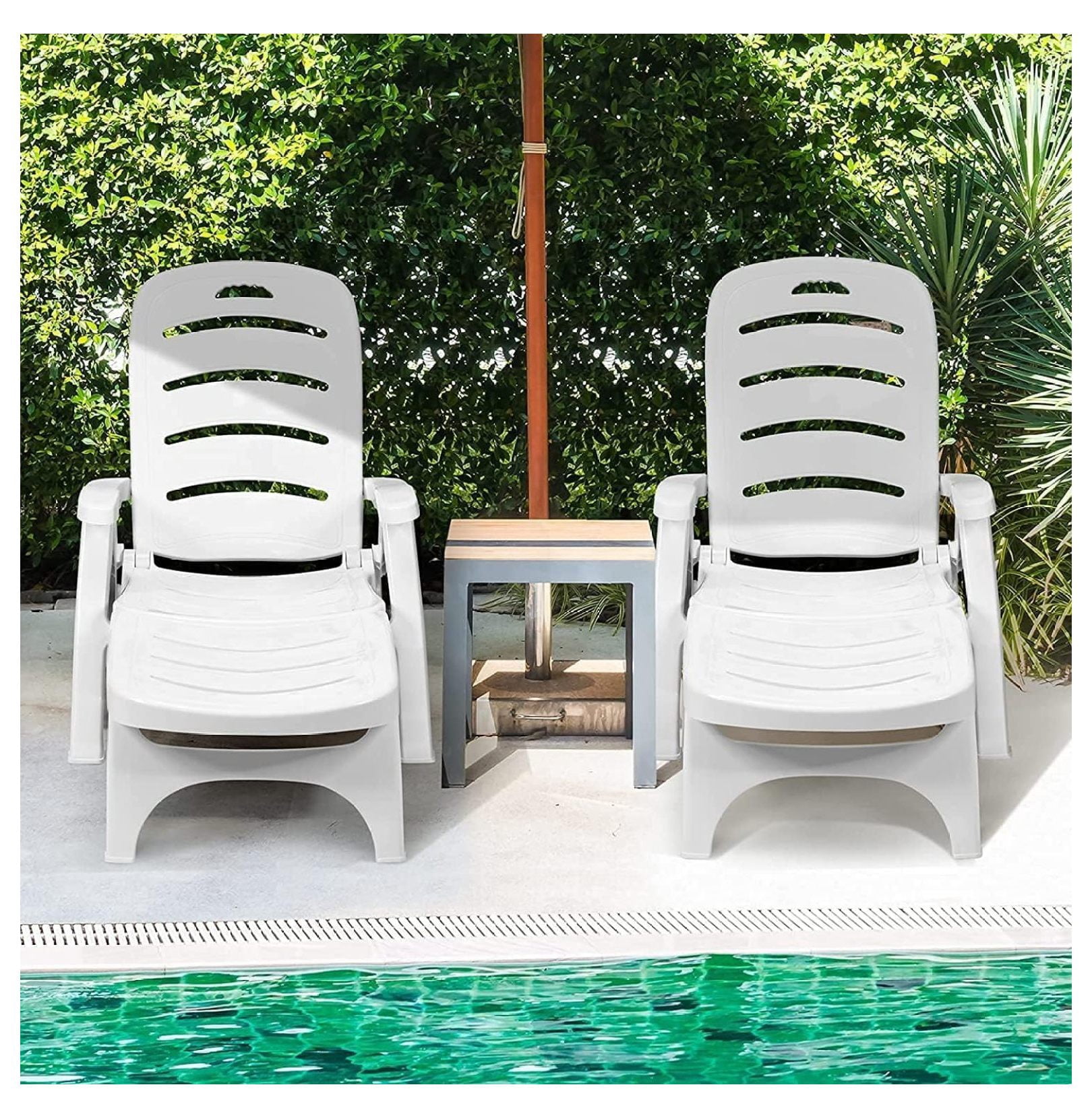 Moccha Plastic Folding Lounge Chair, 5-Position Adjustable Chaise Lounge with 2 Rolling Wheels, Armrest, Outdoor Chaise Chair for Patio, Beach, Backyard, Poolside, Home (1, White)