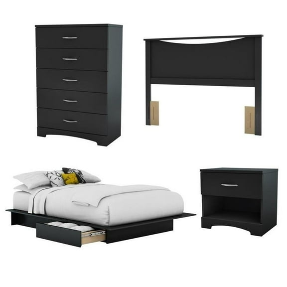 Bowery Hill Modern Wood 4 Piece Full Bedroom Set in Pure Black