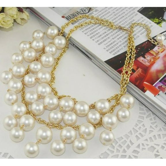 Double-Chain Peral Necklace Gold and Cream Pearl Pendant Chain Necklace