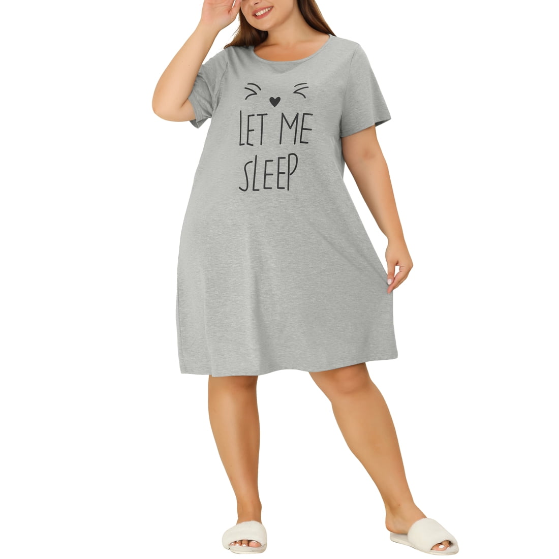 Unique Bargains Plus Size Nightgowns For Women Cat Prints Short Sleeves Lounge Sleep Dress Gray 2x Grey