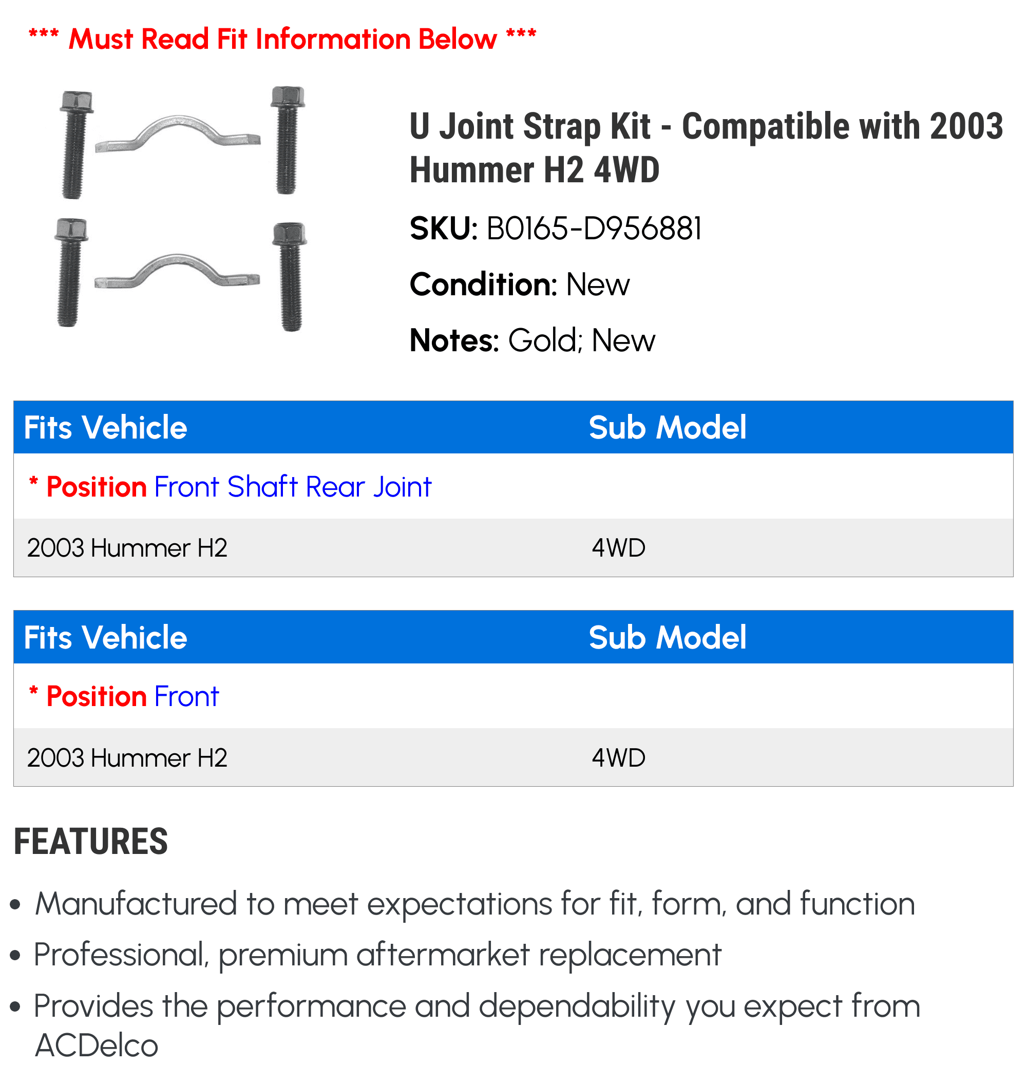U Joint Strap Kit - Compatible with 2003 Hummer H2 4WD - AC Delco