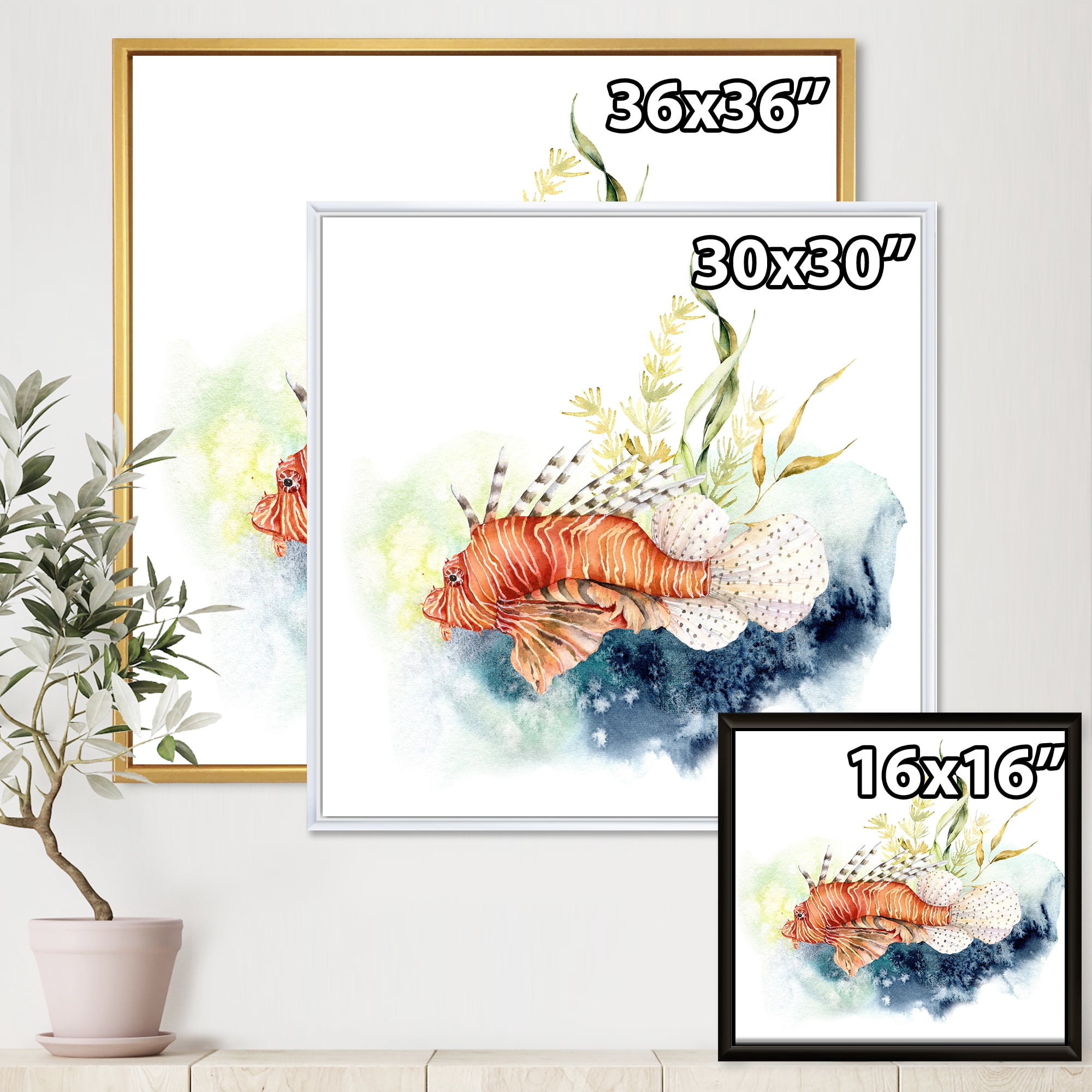 Designart 'Kelp and Lionfish With Coral Reef and Laminaria' Nautical & Coastal Framed Canvas Wall Art Print