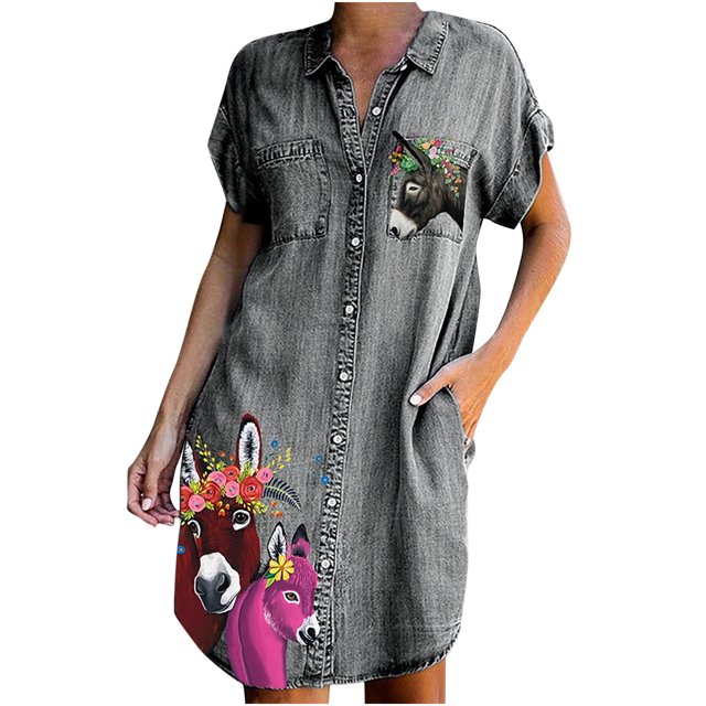 Vestido de camisa de bolsillo de un solo pecho de manga corta con estampado de solapa informal de moda para mujer Pompotops ghjkhdj16088