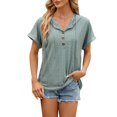 thumbnail image 1 of NINGMENG Womens Tops Solid Color Button V Neck Loose Short Sleeve Tops Pullover T Shirts Outwear,Green,XXL, 1 of 6