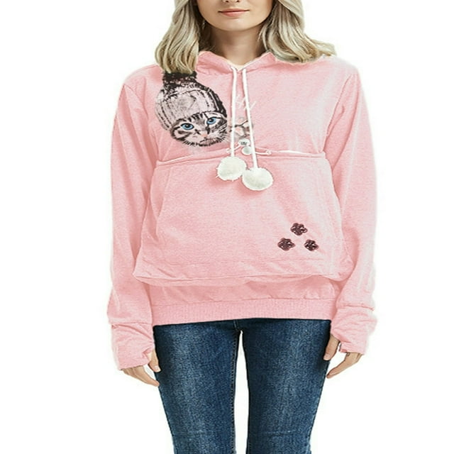 Ladies‘ Hooded Sweatshirt with Cat Print Long Sleeve and Large Pocket