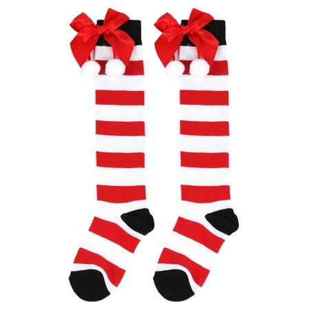 

Suanret Kids Girls Christmas Thigh High Socks Striped Print Teen Girls Over the Knee Long Socks with Bowknot Fluorescence Yellow 7-12 Years