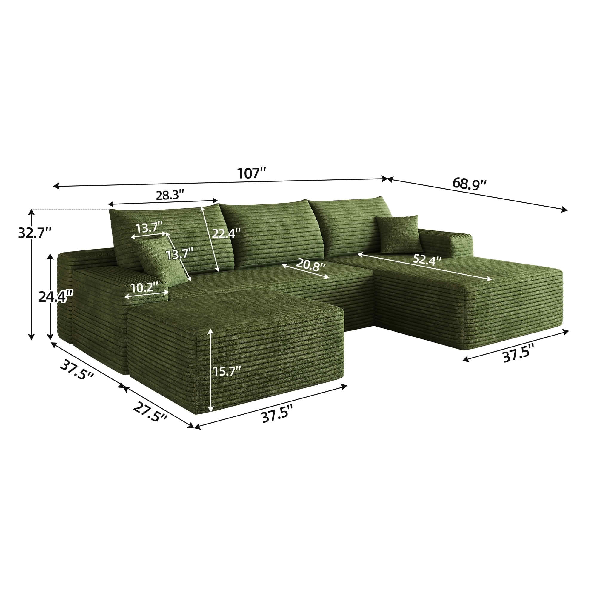 MAYEERTY 107 Inch L‑Shape Cloud Sectional Couch with Chaise, Modern Modular Deep‑Seat Sofa, Plush Corduroy Upholstered Couch, No Assembly Required for Living Room Bedroom Apartment