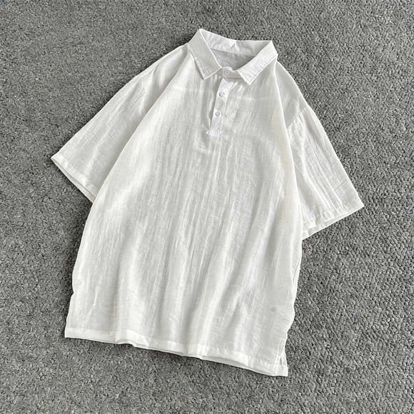 Kalauyu Mens Collared Short Sleeve Button Shirts Linen Cotton Beach Tops Spread Collar Plain Summer T Shirt