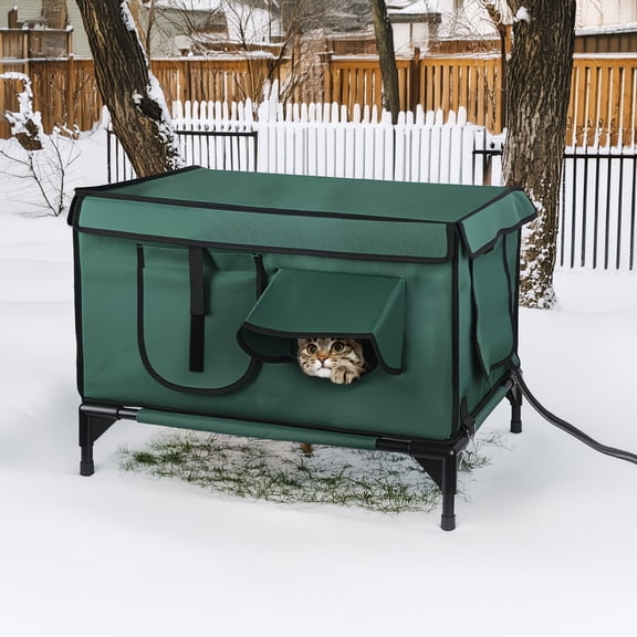 Waterproof Heated Cat House Outdoor Weatherproof Insulated Kitty Shelter with Heating Pad Anti-Chew Cord 2 Doors 3 Windows for Indoors Outdoors Winter Summer