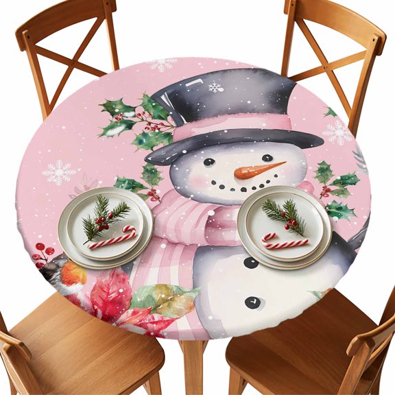 Christmas Round Tablecloth Snowman Cardinal Bird Tablecloths Elastic Edge Fitted Poinsettia Berry Holly Snowflake Pink Table Cover,Waterproof for Dinner,Outdoor, Party 36" - 44"  DIA Tables