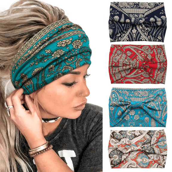 6pcs Wide Headbands for Women, Boho Knotted Head Wraps Turbans Non Slip Bandana Headbands Sport Yoga Workout Stretchy Hair bands