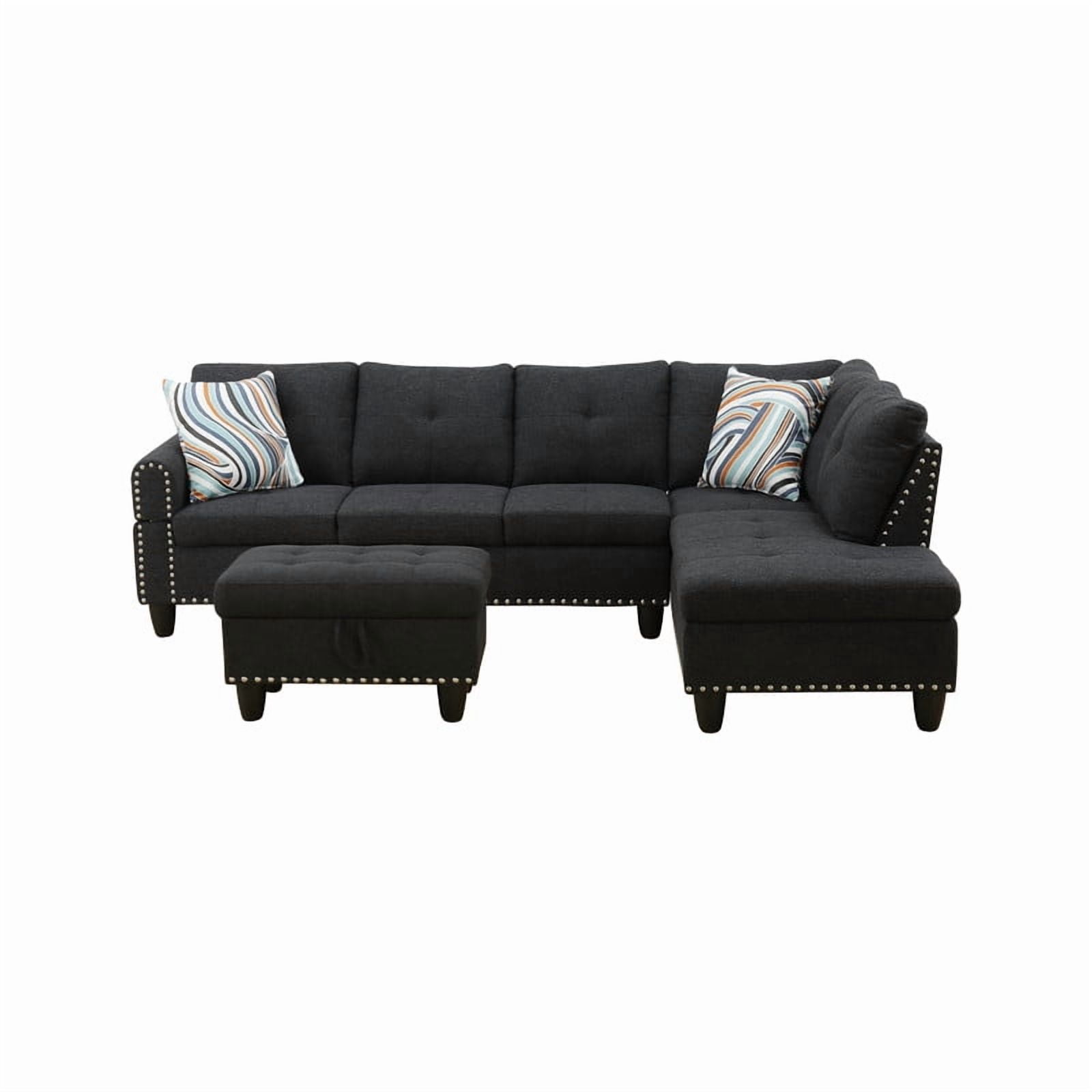 Howcool L-Shape Sectional Sofa with Cup Holders,3-Piece Black Sectional Sofa Couch, Storage Ottoman & 2 Toss Pillows,Nailhead Trim, Right-Facing