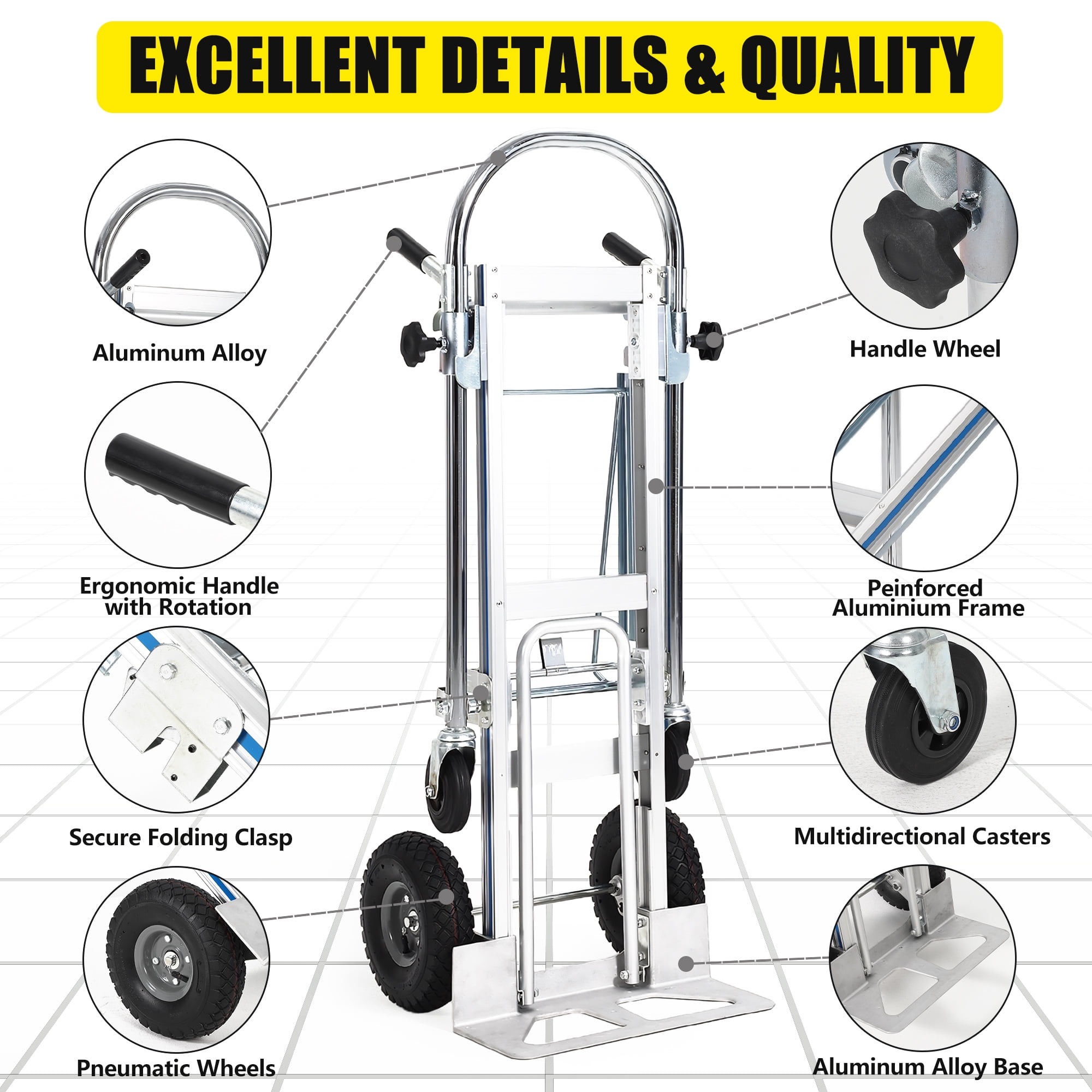 Huisuilinss Folding Hand Truck,Aluminum Convertible Hand Truck,Platform Truck Dolly Cart With 4 Wheel For Transport And Moving In Warehouse Supermarket Garden Grocery Office Home
