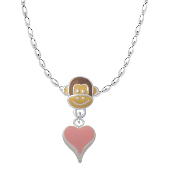 Delight Jewelry Silvertone Small Long Pink Heart Mia Monkey Charm Necklace