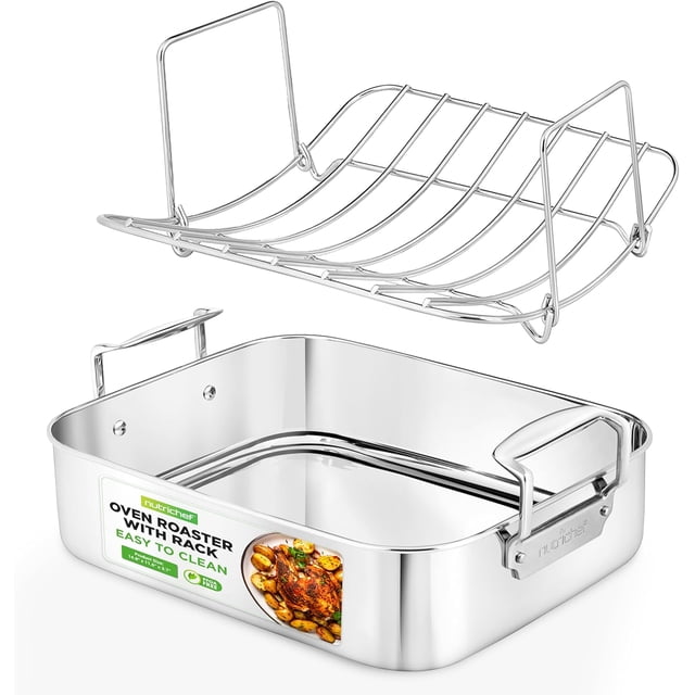 Roasting Pan with Polished Rack, Wide Handle, and Stainless Steel Lid, Turkey Chicken Roasting Pan Great for Thanksgiving Dinners, Tender Roast, Deep Dishes, and More