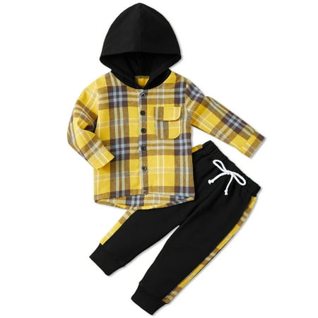

SYNPOS 1-5T Kid Toddler Boy Outfits Plaid Hoodied T-shirt Tops +Casual Pants Fall Winter Clothes Set