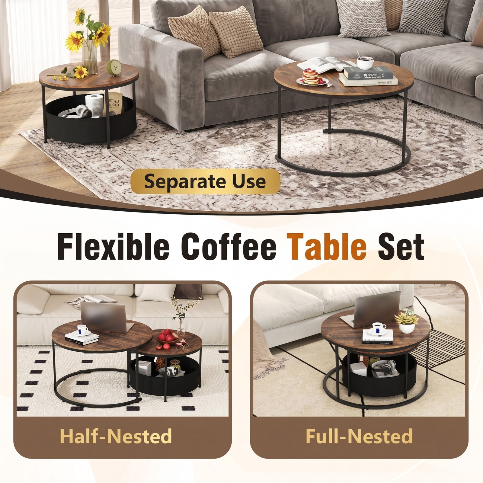 Furnibear Round Coffee Table Set of 2, Nesting Circle Cocktail Tables with Storage Basket, Metal Frame X-Base Living Room End Side Tables for, Rustic Gray & Black
