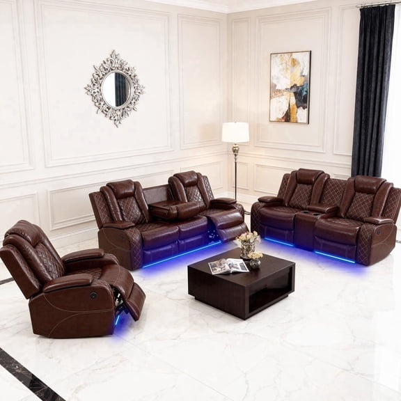 Saxum Tegmen Living Room Furniture Sets, Power Recliner Sofa Set with LED Lights & Armrest Storage, Leather Reclining Sofa for Living Room, Home Theater, and Apartment (3PCS Set, Brown)