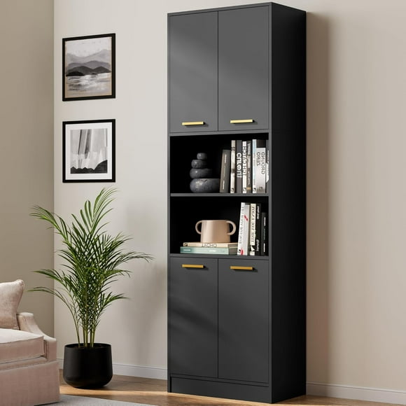 Kitchen Pantry Storage Cabinet 75" Tall 4 Doors Wood Freestanding Cupboard with Open Countertop and Adjustable Shelves Utility Hutch Cabinet for Dining Room Living Room Laundry Bathroom, Black