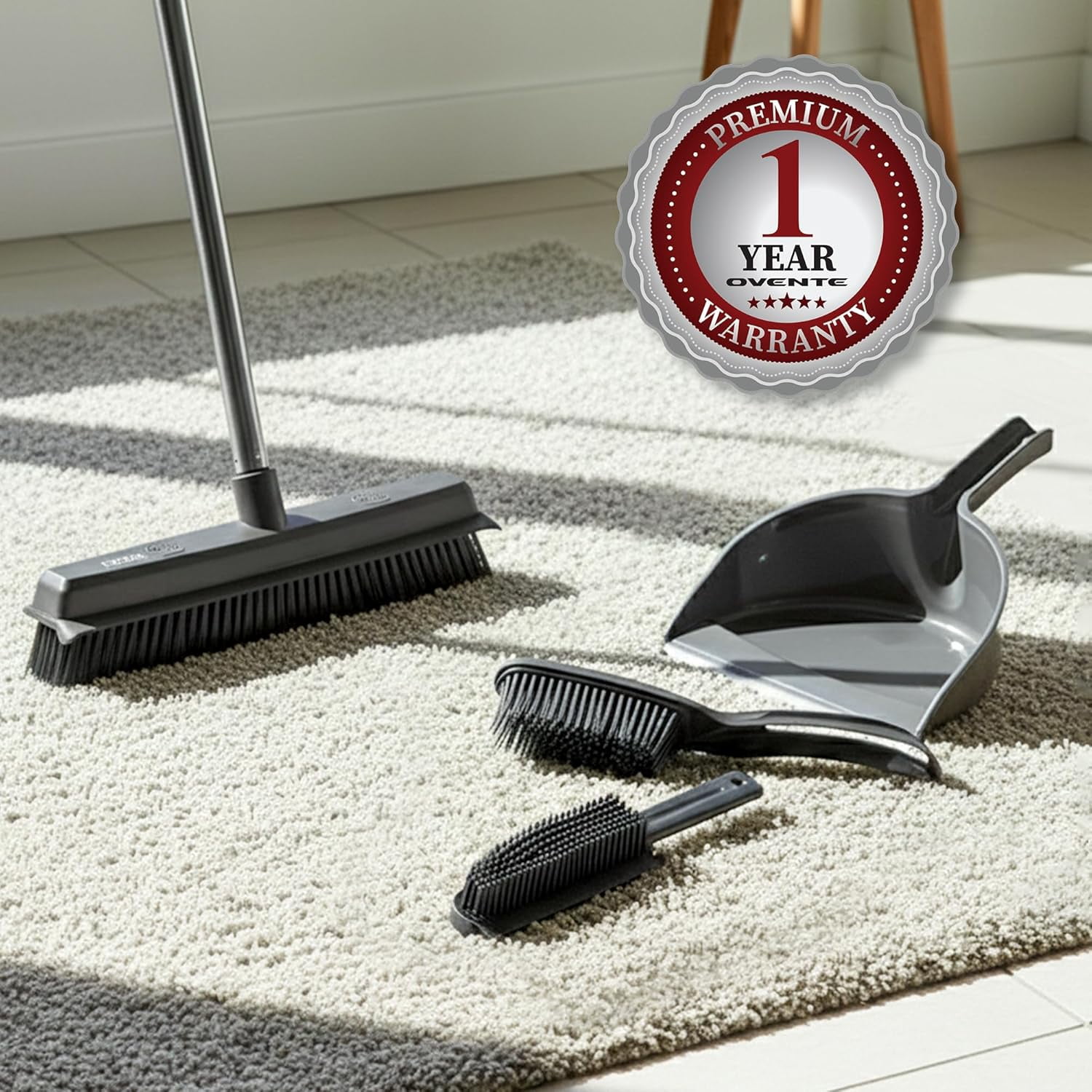 OVENTE Carpet Rake Rubber Broom for Pet Hair Removal with Squeegee, Detailing Lint Fur Remover Brush, Dustpan and 50” Handle, Cleaning Tools Set for Rug, Hardwood Floor, Tile and Window, Grey CT2504G
