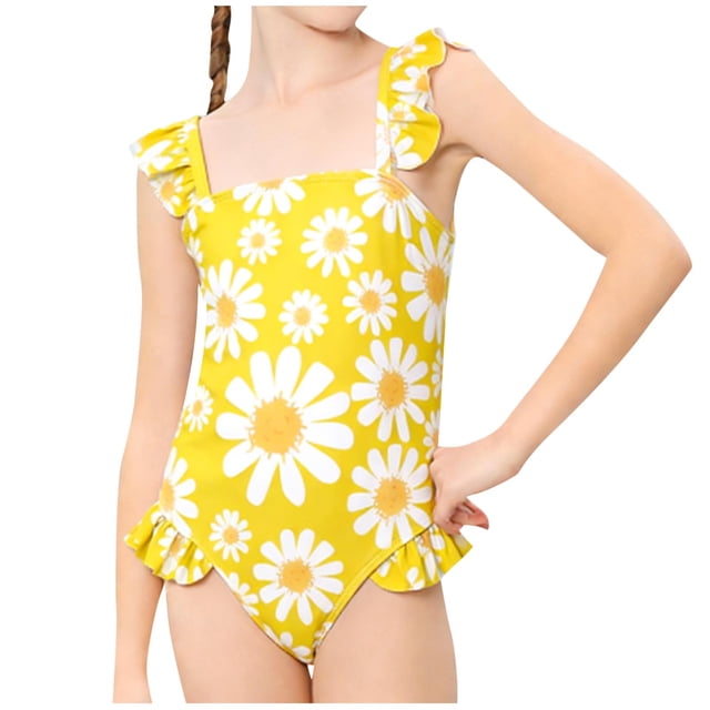 Traje de Baño de Niña con Encaje Dulce E Impresión de Flores, Lindo Diseño de Correa de Hombro para la Playa Y la Piscina