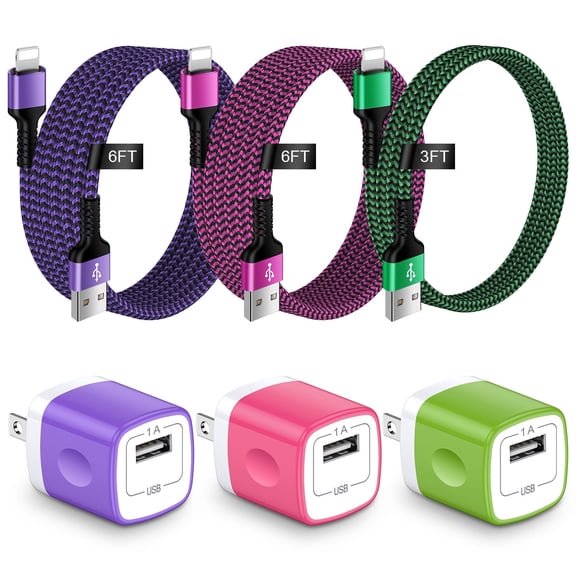 Compatible for iPhone Charger, 3 Pack Wall Charger Block with 3/6/6FT Charging Cable, USB Charging Block Adapter Plug Box Station with Nylon Braided Fast Charging Cord Compatible for iPhone, Mixed B