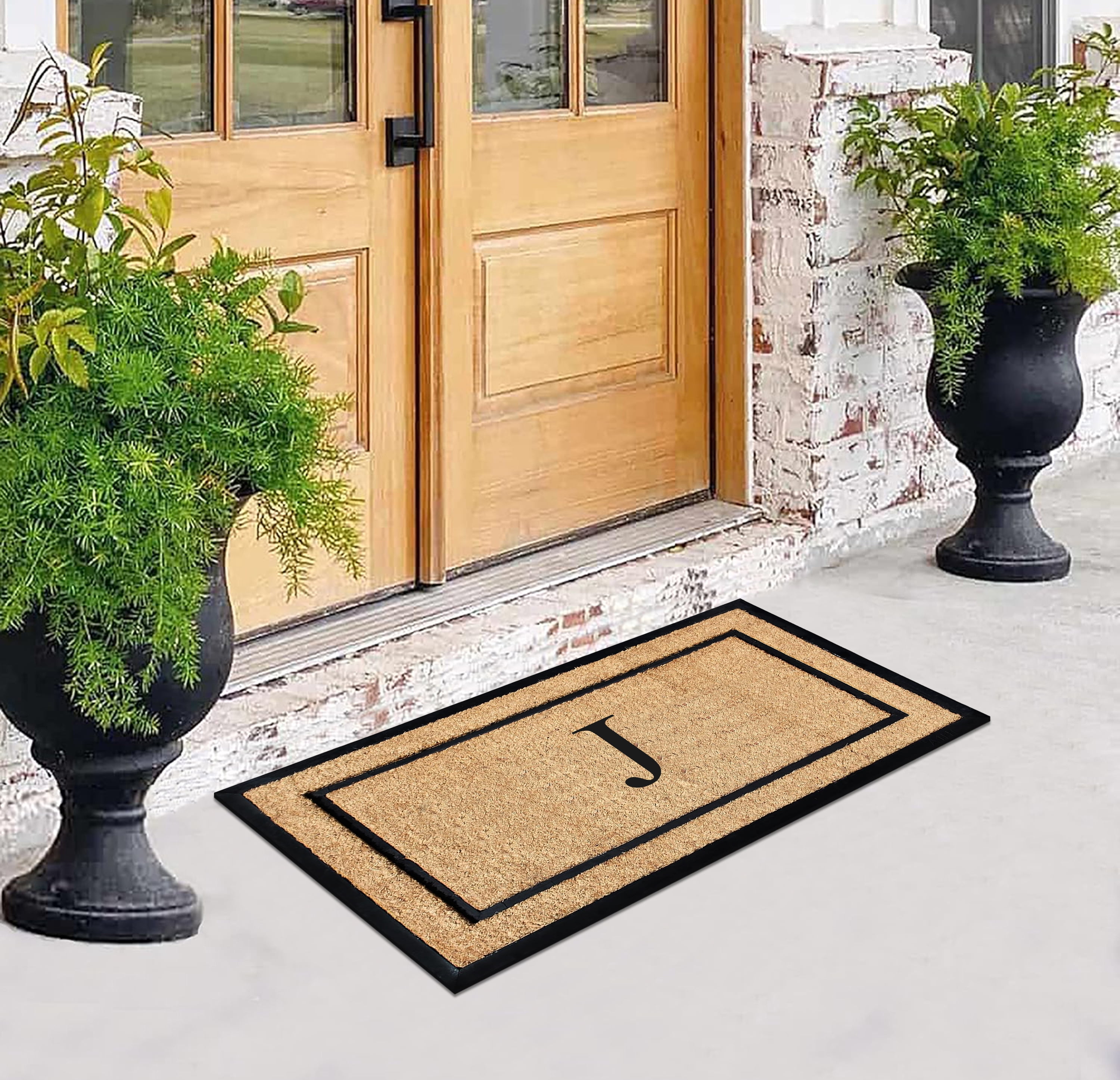 A1HC Natural Coir and Rubber Monogrammed Door Mat, 24x48 in, Thick Durable Thin Profile Welcome Mat for Front Porch & Entryway