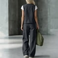 thumbnail image 5 of TEAJOPSUU Women's 2 Piece Linen Cotton Outfits Sets V Neck Button Vintage Vests Cargo Wide Leg Palazzo Pants with Pockets Matching Solid Sets Dark Gray, 5 of 9