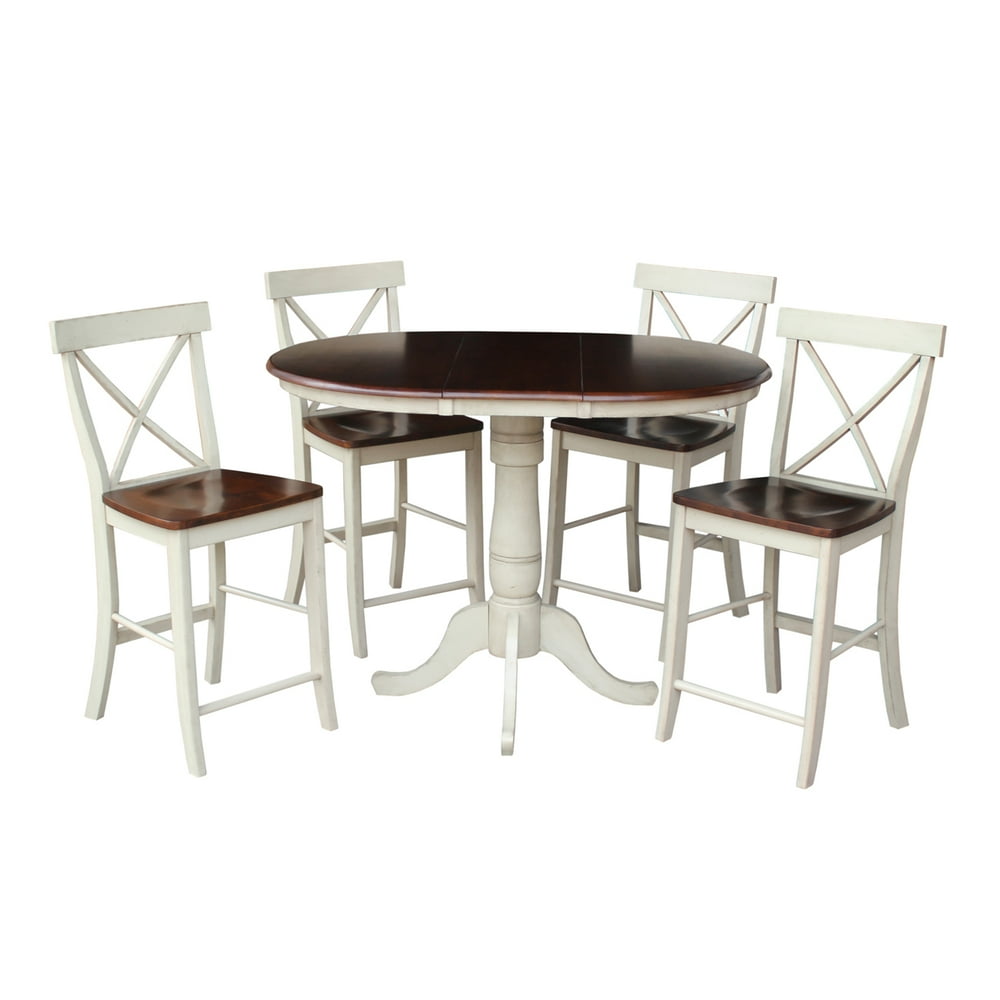 36" Round Counter Height Table with 4 Xback Stools in Antiqued Almond