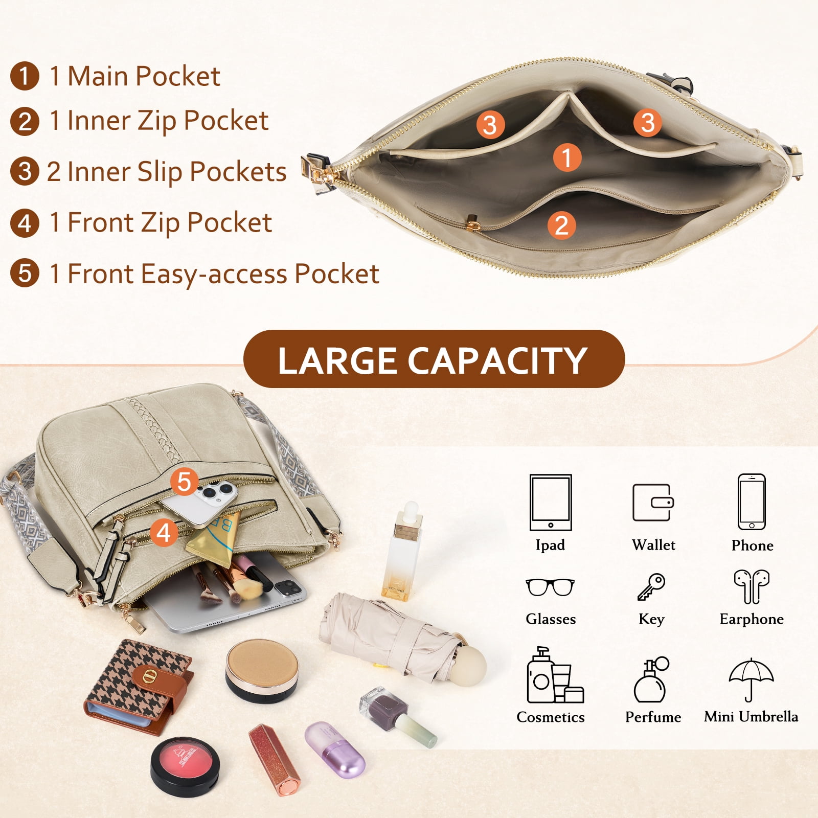RAINSMORE Crossbody Bags for Women Leather Shoulder Handbags Trendy Crossbody Purses Soft Lightweight Travel Purse,Beige