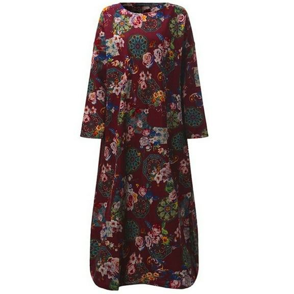 Sentmoon Loose Fit Womens Dresses Long Sleeve Crew Neck Holiday Dresses for Women Casual Fashion Cotton Linen Print Short Dresses,Fit & Flare Fashion Womens Fashion Wine M