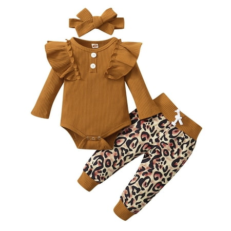 

Qufokar Fall Outfits for Toddler Girls Bows for Baby Girls Baby Girls Long Sleeve Ruffles Romper Bodysuit Leopard Floral Print Pants With Headbands Outfits Set