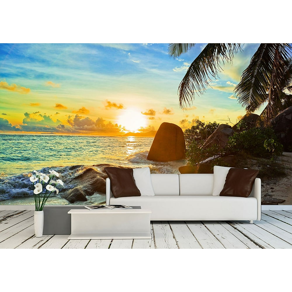 Wall26 Tropical beach at sunset - nature background - Removable Wall Mural | Self-adhesive Large