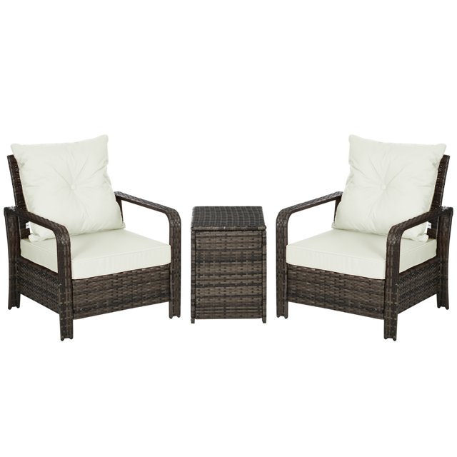 Outsunny 3-Piece Rattan Patio Bistro Set with Storage Coffee Table, Beige Wicker Outdoor Conversation Set for Garden, Porch, Balcony, 28.7"W Chairs