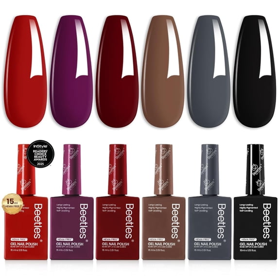 Beetles Fall Gel Nail Polish Set, 6 Colors Burgundy Red Brown Purple Gray Black, 15ml HEMA-Free UV LED Gel Polish