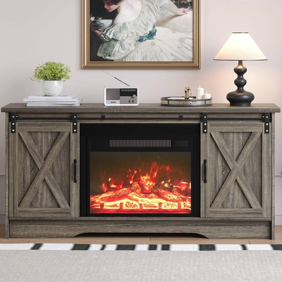 Catrimown 59 Inch Oak-Color Farmhouse Electric Fireplace TV Stand – Rustic Entertainment Center with 23” Realistic Flame Glow & Adjustable Storage Cabinets