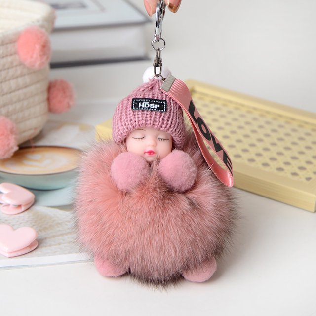 Furry Sleeping Baby Keychain With Sleeping Pompon, Suitable For Babies, Handbags Or Car Pendants, Keychains