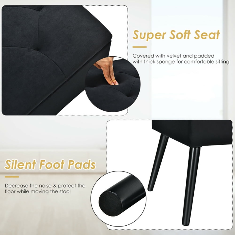Finihen Velvet Storage Ottoman, Storage Foot Rest, Upholstered Footrest Stool, Velvet Footstool with Solid Wood Legs, for Makeup Room, Living Room, Bedroom, Black