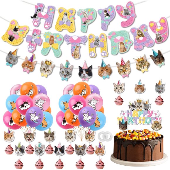 40 Pcs Décoration de Chats pour Anniversaires, Décoration de Fête d'Anniversaire de Chat, 2 Bannières, 20 Ballons, 16 Supports pour Gâteaux et 2 Rubans, pour Fêtes d'Anniversaire de Chat
