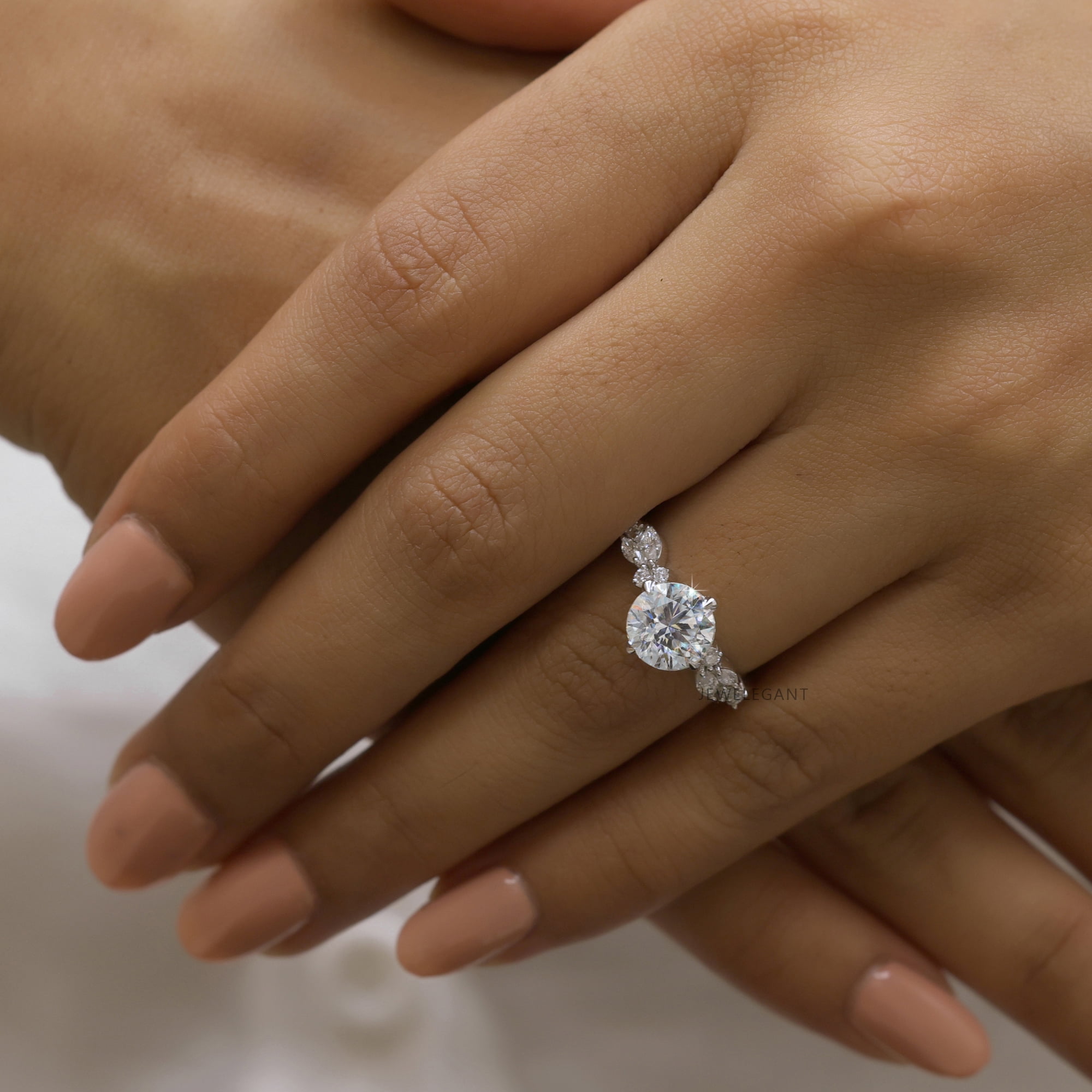 JEWELEGANT 2 Ct Round Brilliant Cut Moissanite Engagement Ring, Nature Inspired Ring for Women