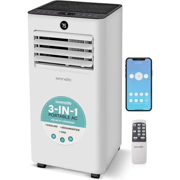 SereneLife 10,000 BTU Portable Air Conditioner with WiFi, 3-in-1 Cooling, Dehumidifier & Fan, Indoor AC for Up to 450 Sq. Ft., Remote & Window Kit Included