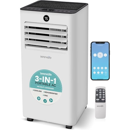 SereneLife 10,000 BTU Portable Air Conditioner with WiFi, 3-in-1 Cooling, Dehumidifier & Fan, Indoor AC for Up to 450 Sq. Ft., Remote & Window Kit Included